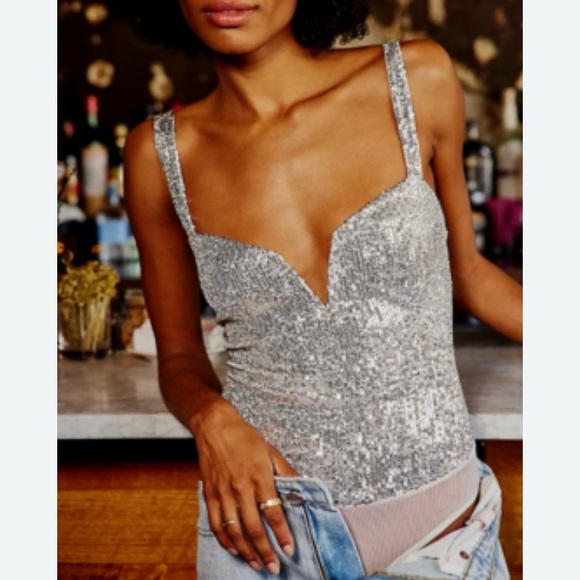 NWT Free People Sparks Fly Silver Sequin Bodysuit Size Small - Picture 1 of 11